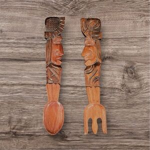 Vintage Hand Carved Wood Fork/Spoon (Tiki Totem Honduras) Wall Art